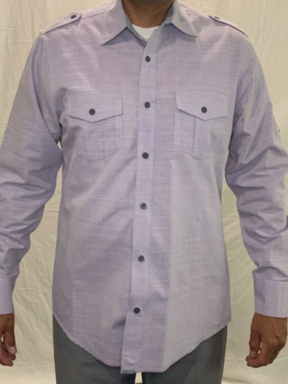PD&C Men's Lavender Purple Military Style Long Sleeve Shirt Roll-Tab Size Medium